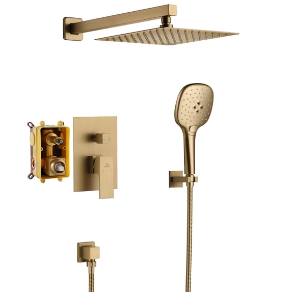 Boyel Living Shower System Wall Mount 10 inches Shower Faucet Head 3 Function Handheld Shower Head Combo Set,Brushed Gold