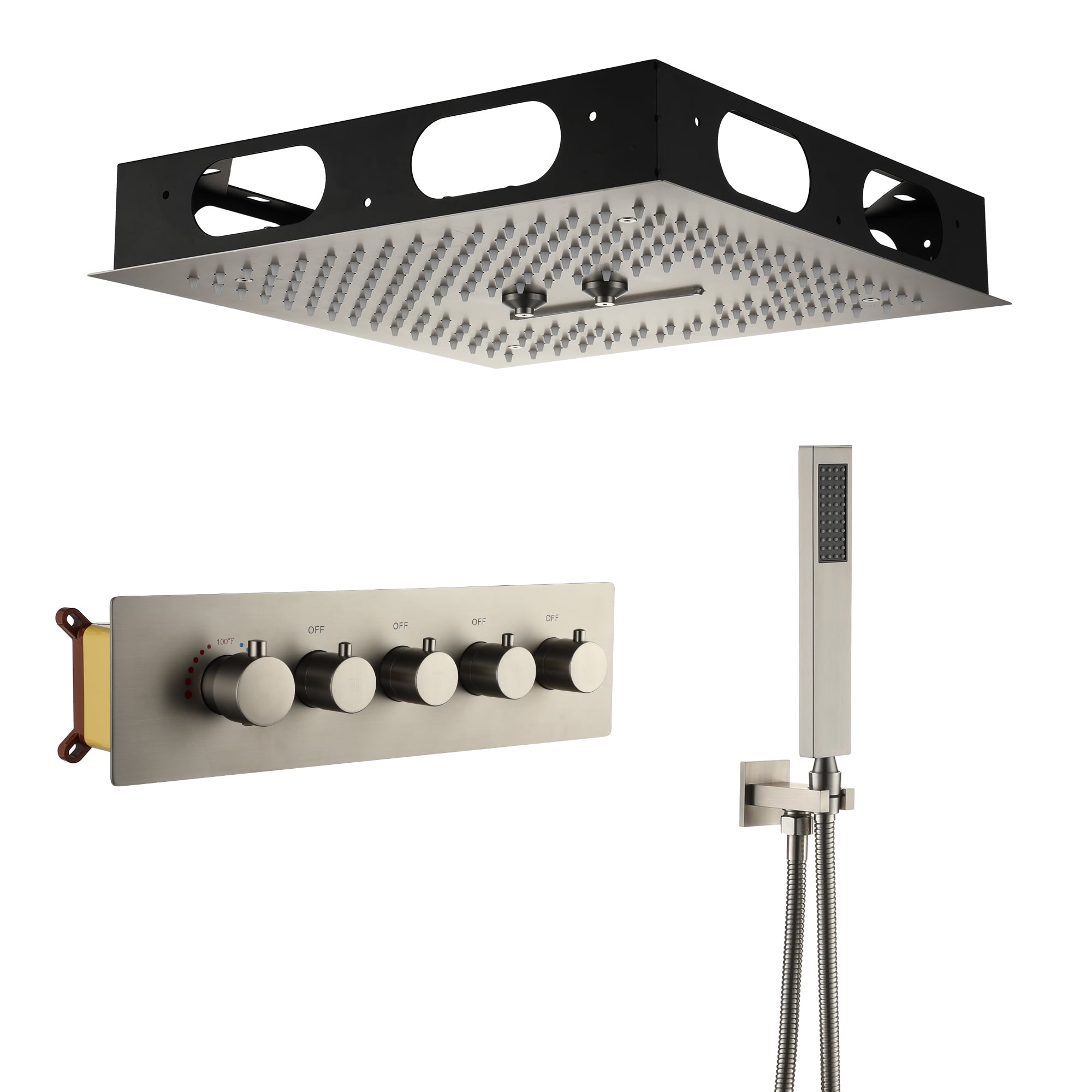 Brushed Nickel Dual Head LED Ceiling Mounted Rain Shower System