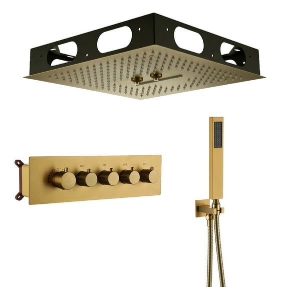 Boyel Living Shower Waterfall System 4 Functions 16 inch Thermostatic Rain Shower Set with Multi-Function Remote Control 64 Color Lights,Brushed Gold