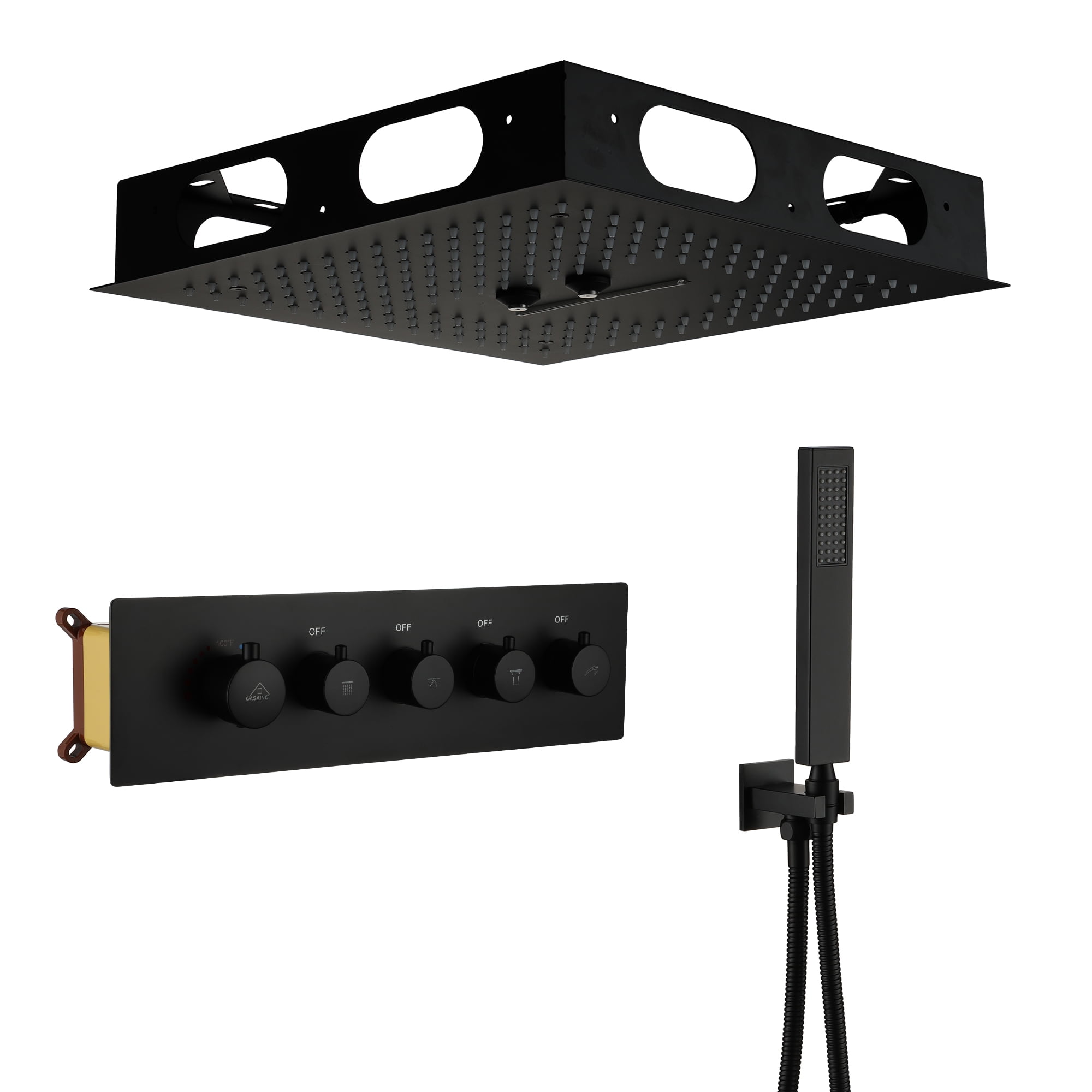 Matte Black 16-Inch Dual Square Ceiling Mounted Rain Shower System