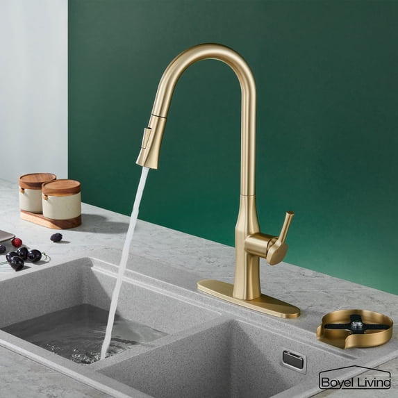 Boyel Living Single Handle Pull Down Kitchen Sink Faucet Stainless Steel Pull Out Kitchen Faucet with Sprayer in Brushed Gold