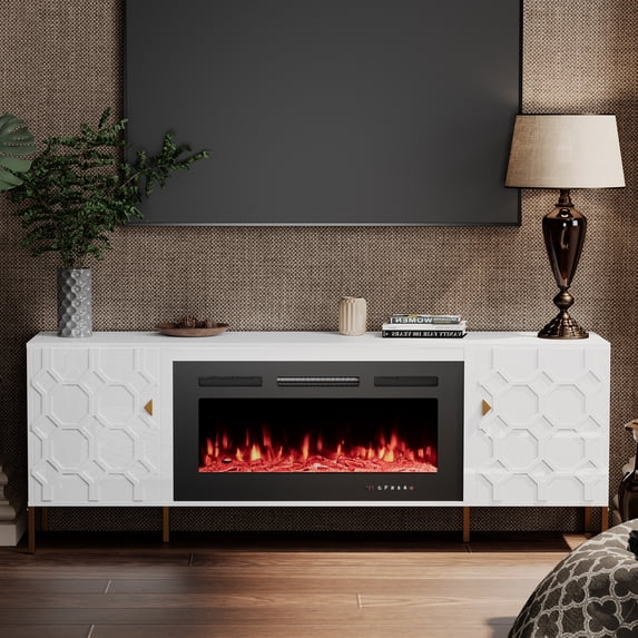 Boyel Living TV Stand with 36" Electric Fireplace for TVs Up to 80", Modern TV Console Entertainment Center, High Gloss Media TV Table Storage Cabinet for Living Room (70" White)