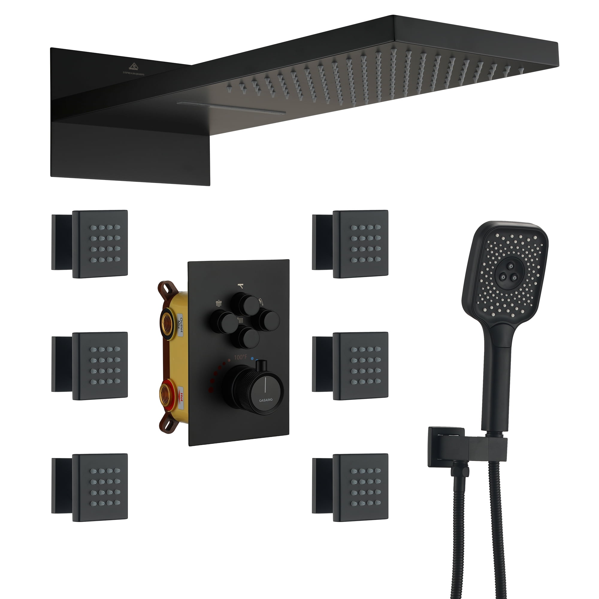 Matte Black Wall Mounted Rainfall Shower System with Body Jets