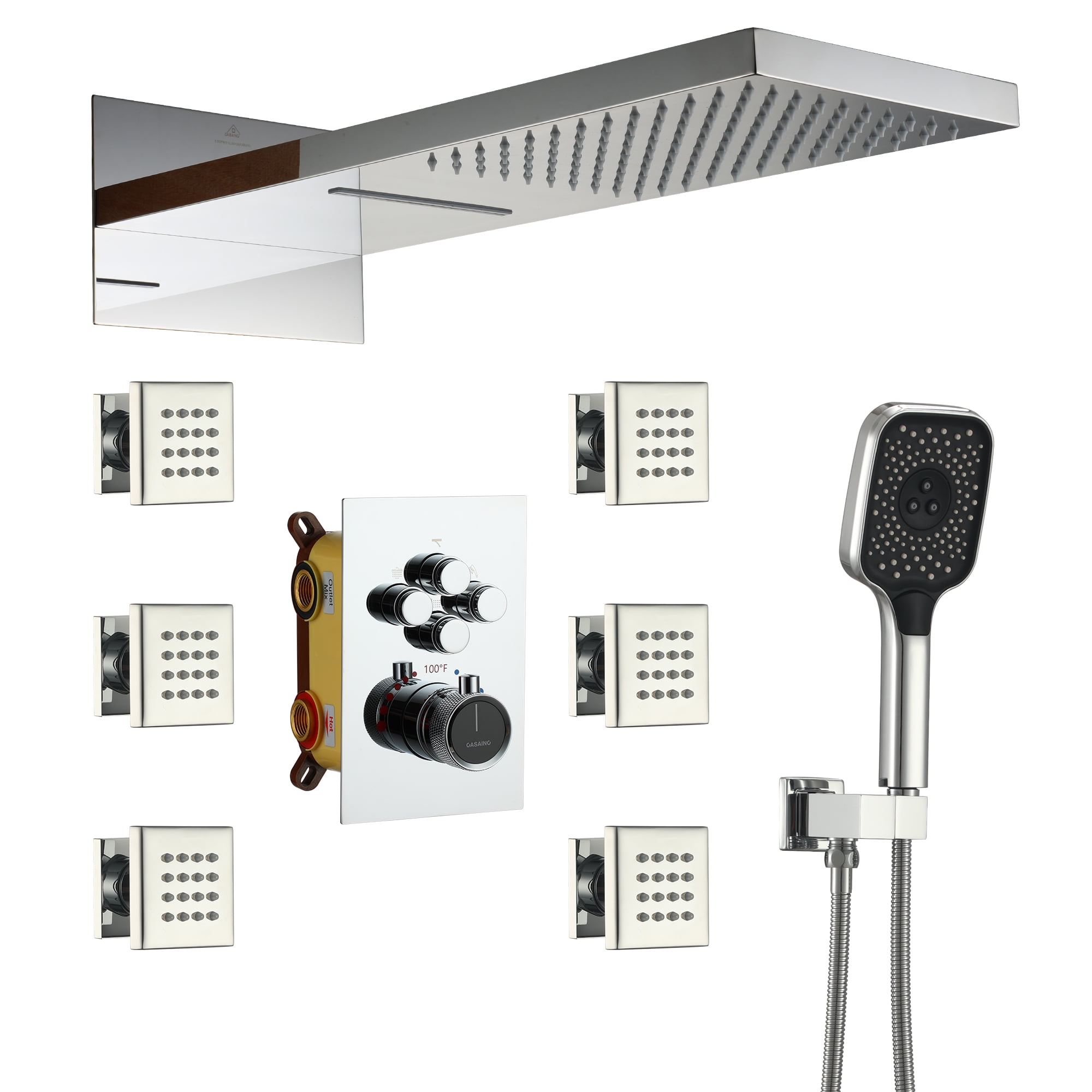 Chrome Dual-Function Wall Mounted Rainfall Shower System with Body Jets