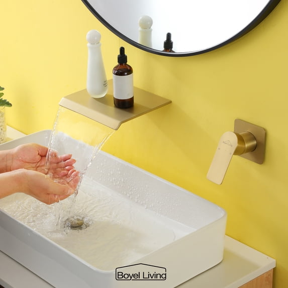 Boyel Living Waterfall Bathroom Faucet 1- Handle Wall Mount Sink Faucet Modern Bathtub Mixer Tap Brushed Gold