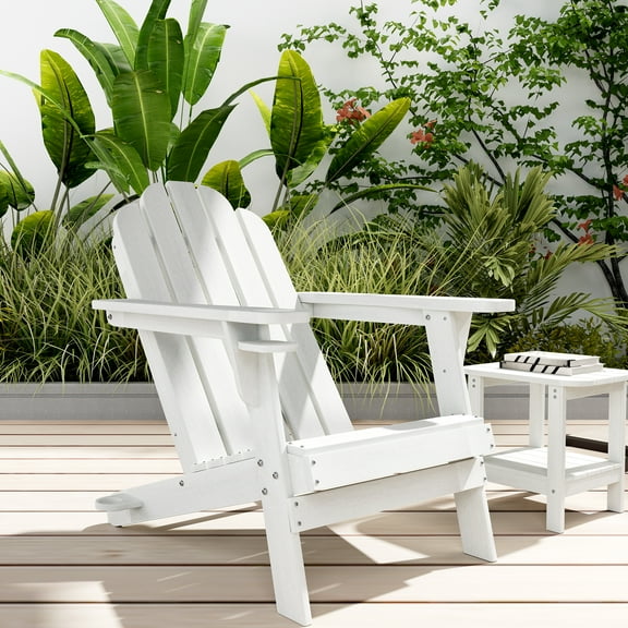 Boyel living Outdoor Adirondack Chair HDPE Classic Frog Chair With Built-In Cup Holder And Umbrella Hole for Patio Garden Furniture in White