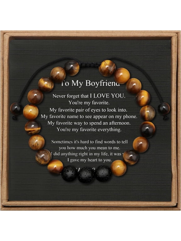 To My Boyfriend Adjustable Beaded Bracelet with Love Message Card, Brown and Black Cord Bracelet, Romantic Gift for Him for Birthday Anniversary Valentines Day Christmas