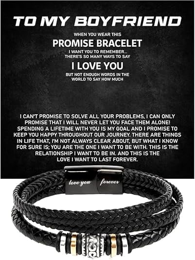 To My Boyfriend Bracelet with Message Card and Box, Love You Forever Engraved Bracelet, Boyfriend Gifts from Girlfriend, Birthday Gift For Boyfriend, Leather Bracelet for Men