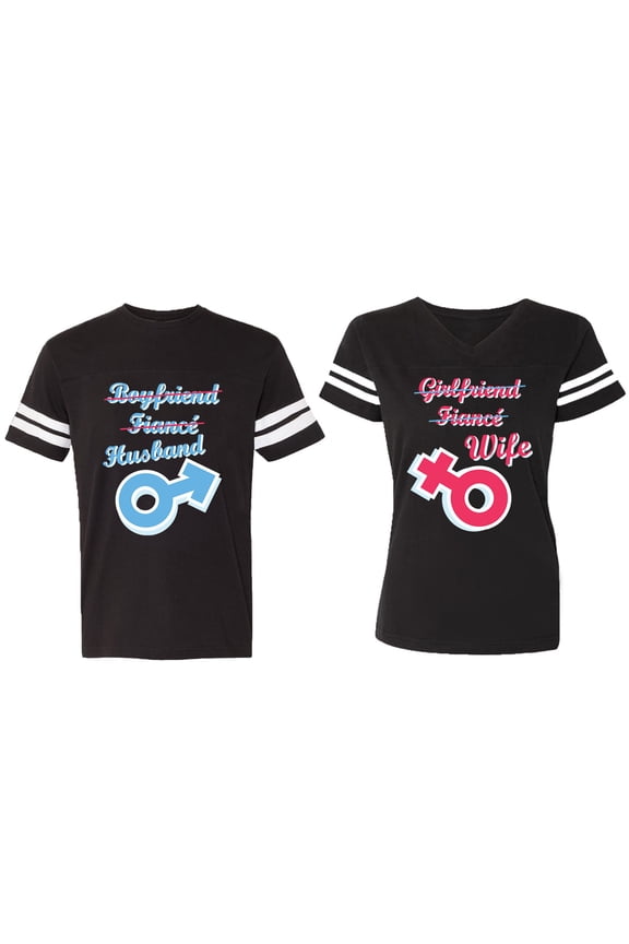 Boyfriend Girlfriend Fiance Husband Wife Matching Couple Cotton Jerseys (Men Black / Women Black) (Men S / Women S)