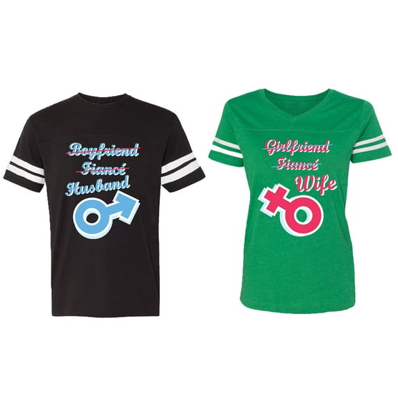 Boyfriend Girlfriend Fiance Husband Wife Matching Couple Cotton Jerseys (Men Black / Women Green) (Men XXL / Women M)
