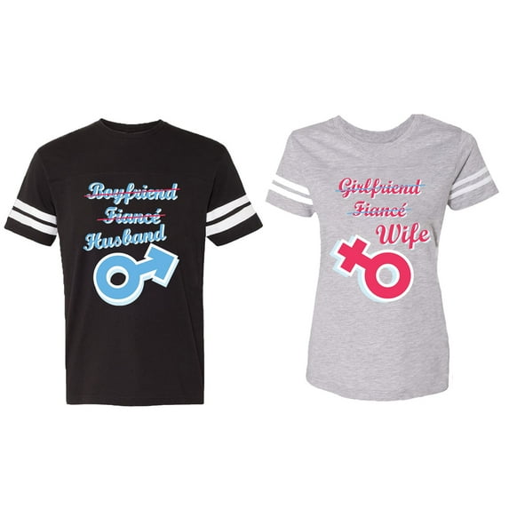 Boyfriend Girlfriend Fiance Husband Wife Matching Couple Cotton Jerseys (Men Black / Women Heather) (Men XL / Women S)