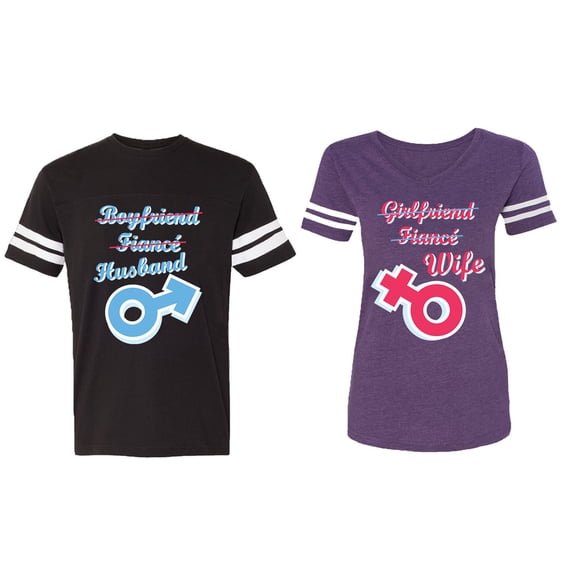 Boyfriend Girlfriend Fiance Husband Wife Matching Couple Cotton Jerseys (Men Black / Women Purple) (Men XL / Women XL)