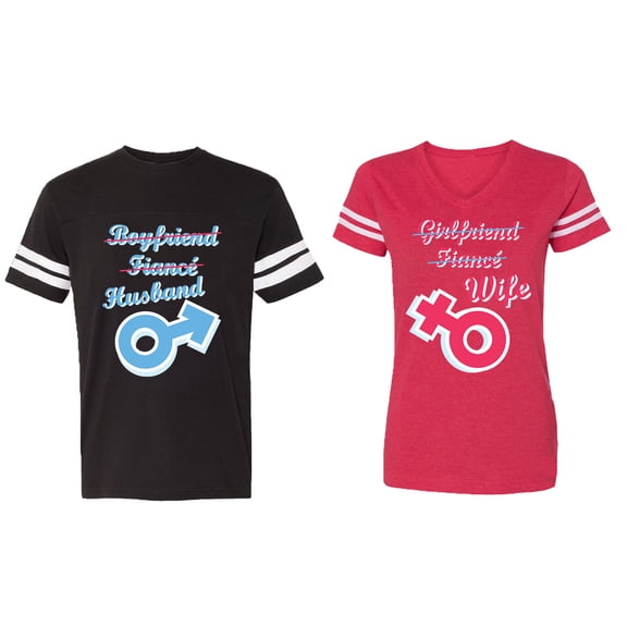 Boyfriend Girlfriend Fiance Husband Wife Matching Couple Cotton Jerseys (Men Black / Women Red) (Men S / Women L)