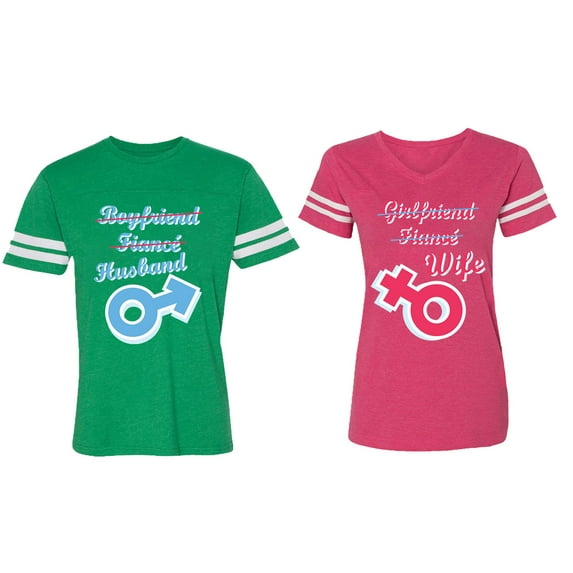 Boyfriend Girlfriend Fiance Husband Wife Matching Couple Cotton Jerseys (Men Green / Women Pink) (Men XXL / Women S)