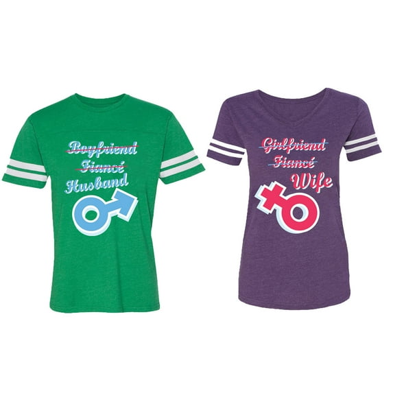 Boyfriend Girlfriend Fiance Husband Wife Matching Couple Cotton Jerseys (Men Green / Women Purple) (Men S / Women S)
