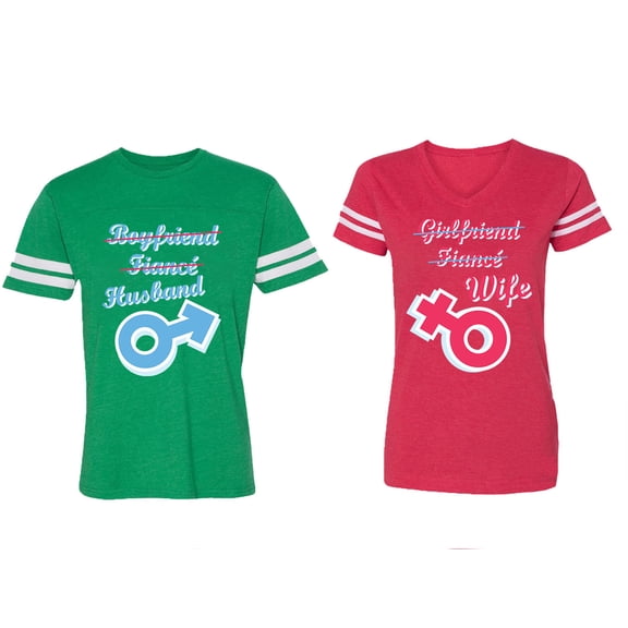 Boyfriend Girlfriend Fiance Husband Wife Matching Couple Cotton Jerseys (Men Green / Women Red) (Men L / Women S)