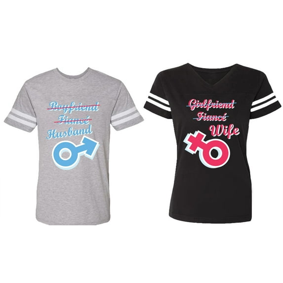 Boyfriend Girlfriend Fiance Husband Wife Matching Couple Cotton Jerseys (Men Heather / Women Black) (Men S / Women S)