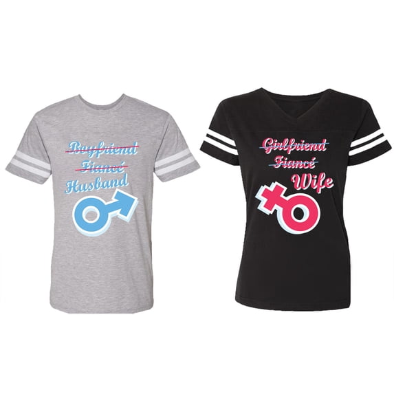 Boyfriend Girlfriend Fiance Husband Wife Matching Couple Cotton Jerseys (Men Heather / Women Black) (Men XL / Women XL)