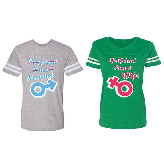 Boyfriend Girlfriend Fiance Husband Wife Matching Couple Cotton Jerseys (Men Heather / Women Green) (Men XL / Women XXL)