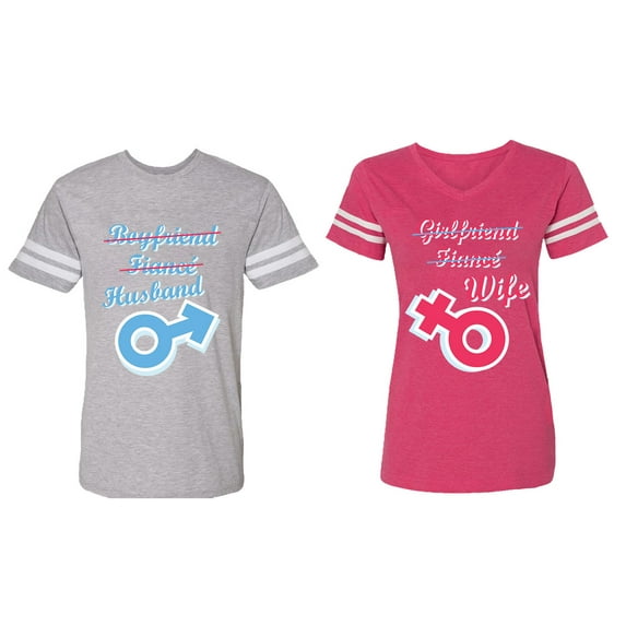 Boyfriend Girlfriend Fiance Husband Wife Matching Couple Cotton Jerseys (Men Heather / Women Pink) (Men XXL / Women S)