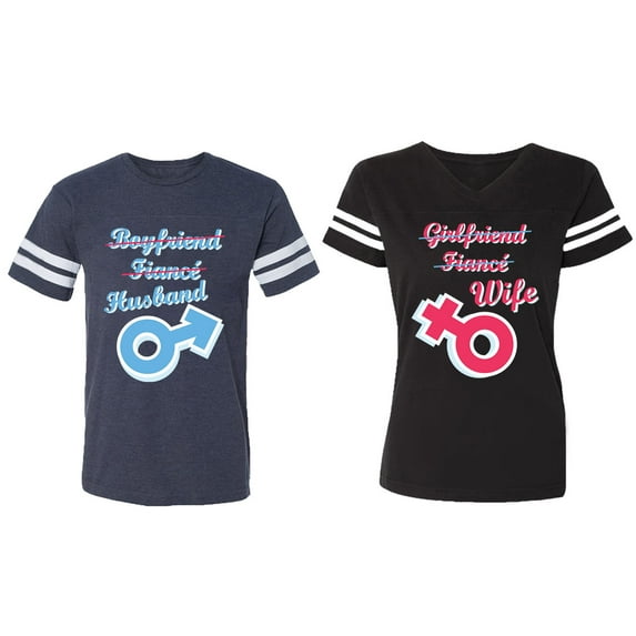 Boyfriend Girlfriend Fiance Husband Wife Matching Couple Cotton Jerseys (Men Navy / Women Black) (Men S / Women S)