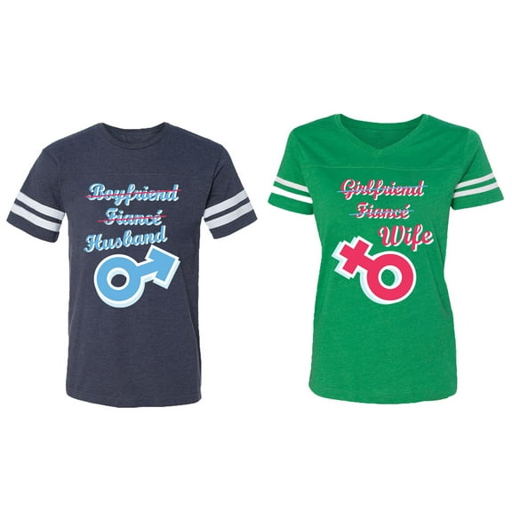 Boyfriend Girlfriend Fiance Husband Wife Matching Couple Cotton Jerseys (Men Navy / Women Heather) (Men M / Women M)