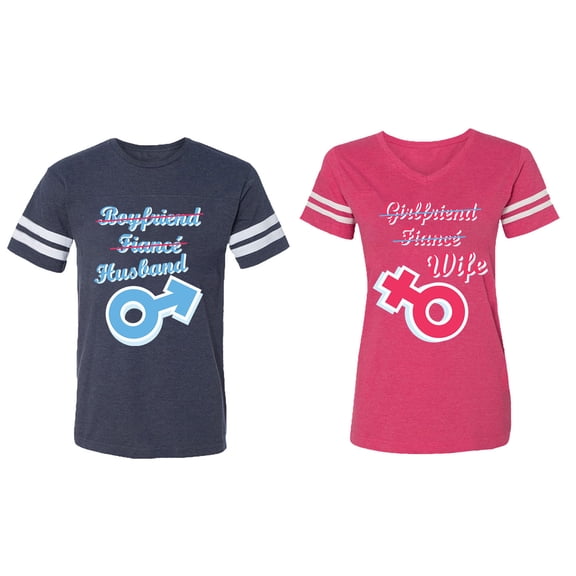 Boyfriend Girlfriend Fiance Husband Wife Matching Couple Cotton Jerseys (Men Navy / Women Pink) (Men S / Women L)