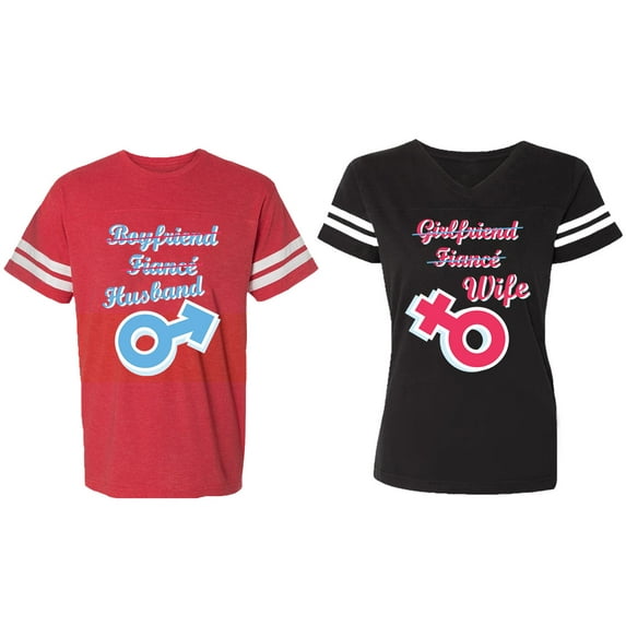 Boyfriend Girlfriend Fiance Husband Wife Matching Couple Cotton Jerseys (Men Red / Women Black) (Men XL / Women XL)