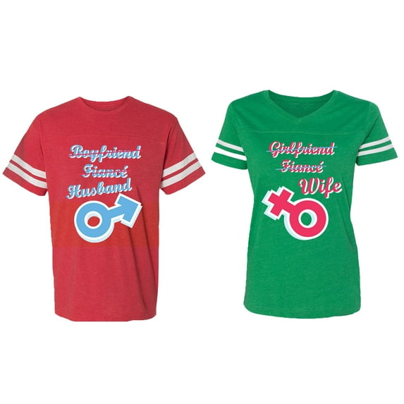 Boyfriend Girlfriend Fiance Husband Wife Matching Couple Cotton Jerseys (Men Red / Women Green) (Men XL / Women XL)