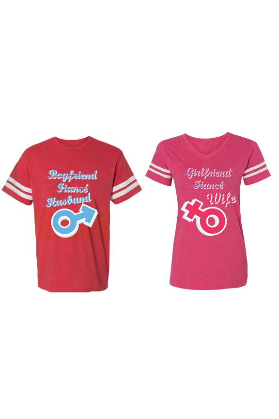 Boyfriend Girlfriend Fiance Husband Wife Matching Couple Cotton Jerseys (Men Red / Women Pink) (Men L / Women XL)