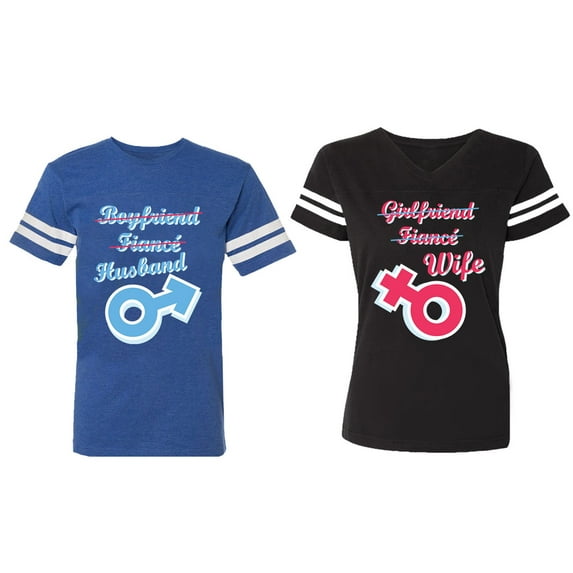 Boyfriend Girlfriend Fiance Husband Wife Matching Couple Cotton Jerseys (Men Royal / Women Black) (Men L / Women L)