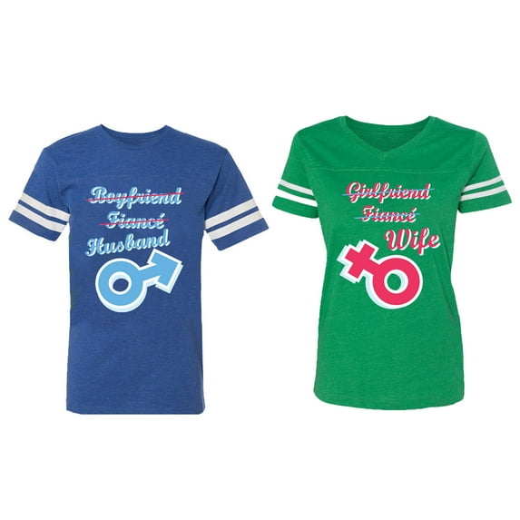 Boyfriend Girlfriend Fiance Husband Wife Matching Couple Cotton Jerseys (Men Royal / Women Green) (Men XL / Women M)