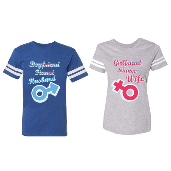 Boyfriend Girlfriend Fiance Husband Wife Matching Couple Cotton Jerseys (Men Royal / Women Heather) (Men L / Women S)