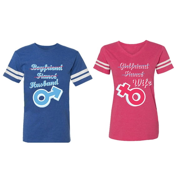 Boyfriend Girlfriend Fiance Husband Wife Matching Couple Cotton Jerseys (Men Royal / Women Pink) (Men XL / Women XL)