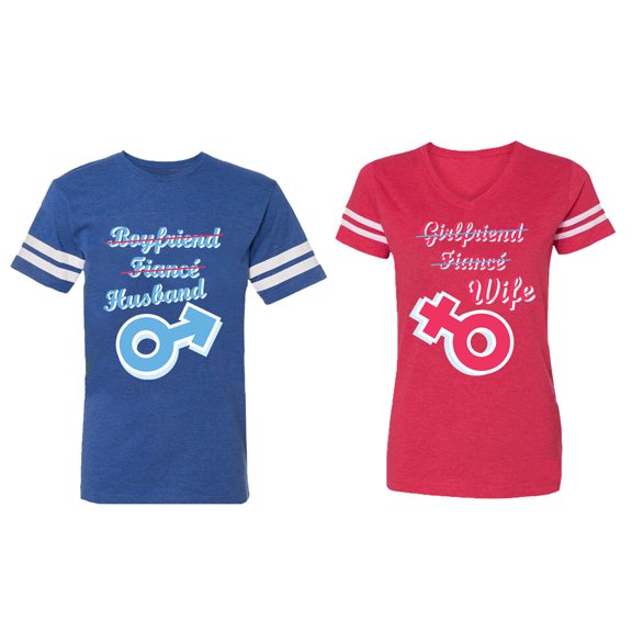 Boyfriend Girlfriend Fiance Husband Wife Matching Couple Cotton Jerseys (Men Royal / Women Red) (Men L / Women M)