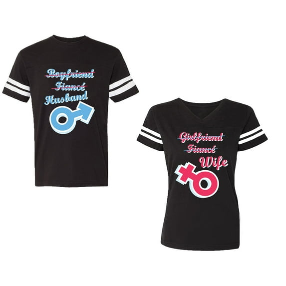 Boyfriend Girlfriend Fiance Husband Wife Unisex Couple Matching Cotton Jersey style T-Shirt Contrasting stripes on sleeves (Men Black / Women Black) (Men S / Women XL)