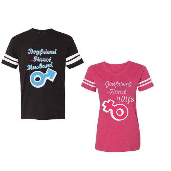 Boyfriend Girlfriend Fiance Husband Wife Unisex Couple Matching Cotton Jersey style T-Shirt Contrasting stripes on sleeves (Men Black / Women Pink) (Men L / Women S)