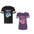 thumbnail image 1 of Boyfriend Girlfriend Fiance Husband Wife Unisex Couple Matching Cotton Jersey style T-Shirt Contrasting stripes on sleeves (Men Black / Women Purple) (Men M / Women M), 1 of 3