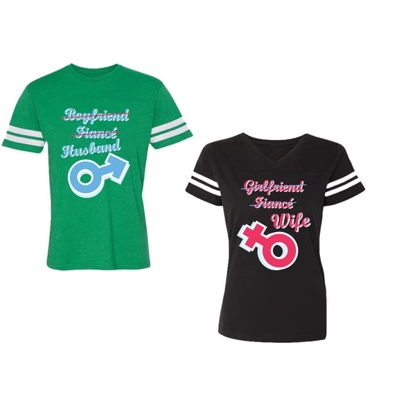 Boyfriend Girlfriend Fiance Husband Wife Unisex Couple Matching Cotton Jersey style T-Shirt Contrasting stripes on sleeves (Men Green / Women Black) (Men S / Women S)
