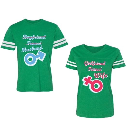 Boyfriend Girlfriend Fiance Husband Wife Unisex Couple Matching Cotton Jersey style T-Shirt Contrasting stripes on sleeves (Men Green / Women Green) (Men M / Women S)
