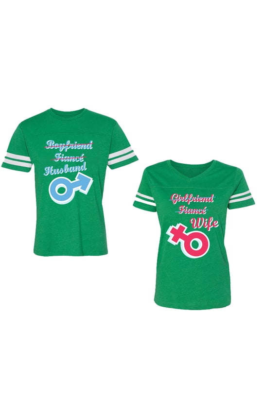 Boyfriend Girlfriend Fiance Husband Wife Unisex Couple Matching Cotton Jersey style T-Shirt Contrasting stripes on sleeves (Men Green / Women Green) (Men XXL / Women XXL)