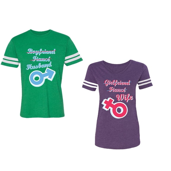 Boyfriend Girlfriend Fiance Husband Wife Unisex Couple Matching Cotton Jersey style T-Shirt Contrasting stripes on sleeves (Men Green / Women Purple) (Men XXL / Women S)