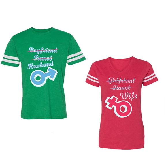 Boyfriend Girlfriend Fiance Husband Wife Unisex Couple Matching Cotton Jersey style T-Shirt Contrasting stripes on sleeves (Men Green / Women Red) (Men L / Women XL)