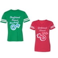 thumbnail image 1 of Boyfriend Girlfriend Fiance Husband Wife Unisex Couple Matching Cotton Jersey style T-Shirt Contrasting stripes on sleeves (Men Green / Women Red) (Men S / Women XXL), 1 of 3