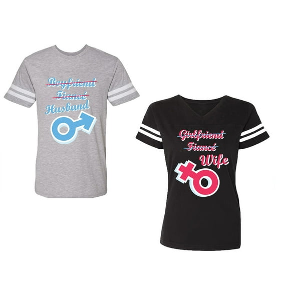 Boyfriend Girlfriend Fiance Husband Wife Unisex Couple Matching Cotton Jersey style T-Shirt Contrasting stripes on sleeves (Men Heather / Women Black) (Men S / Women S)