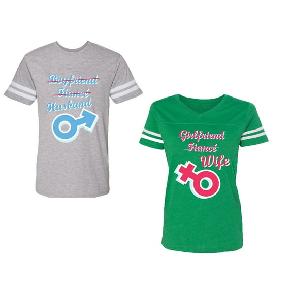 Boyfriend Girlfriend Fiance Husband Wife Unisex Couple Matching Cotton Jersey style T-Shirt Contrasting stripes on sleeves (Men Heather / Women Green) (Men XXXL / Women XXL)