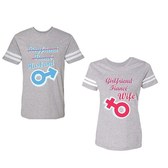 Boyfriend Girlfriend Fiance Husband Wife Unisex Couple Matching Cotton Jersey style T-Shirt Contrasting stripes on sleeves (Men Heather / Women Heather) (Men M / Women XL)