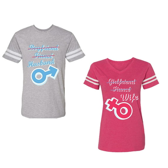 Boyfriend Girlfriend Fiance Husband Wife Unisex Couple Matching Cotton Jersey style T-Shirt Contrasting stripes on sleeves (Men Heather / Women Pink) (Men M / Women M)