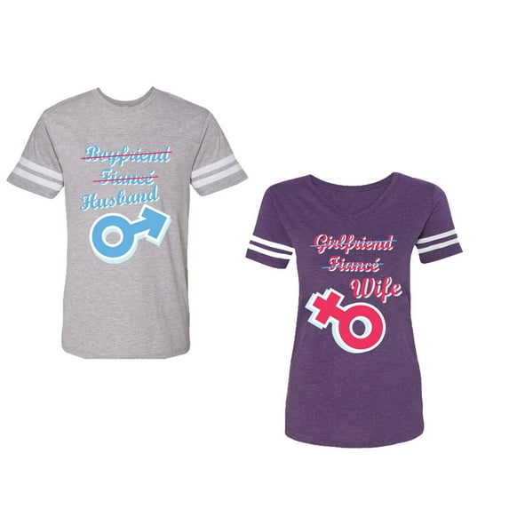 Boyfriend Girlfriend Fiance Husband Wife Unisex Couple Matching Cotton Jersey style T-Shirt Contrasting stripes on sleeves (Men Heather / Women Purple) (Men L / Women L)