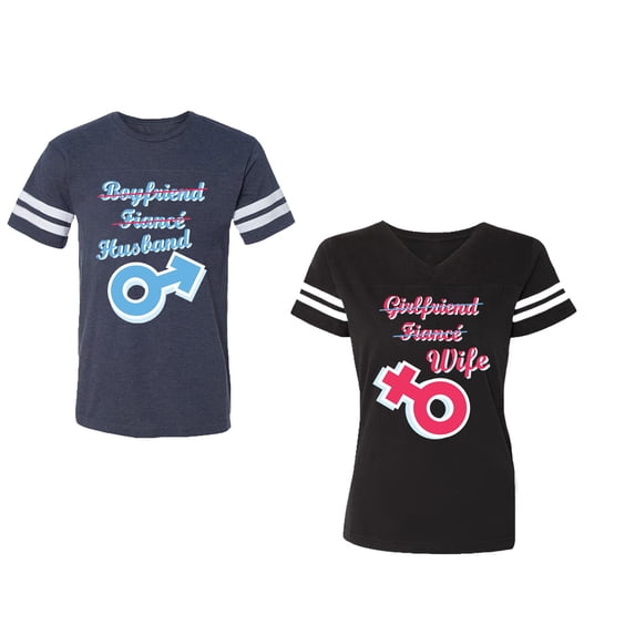 Boyfriend Girlfriend Fiance Husband Wife Unisex Couple Matching Cotton Jersey style T-Shirt Contrasting stripes on sleeves (Men Navy / Women Black) (Men M / Women S)